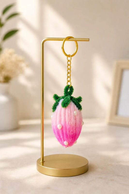Pink Strawberry Pipe Cleaner Keychain – Handmade Aesthetic Pearl Charm