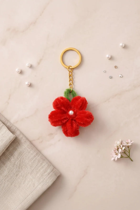 Red Flower Pipe Cleaner Keychain – Handmade Aesthetic Floral Charm