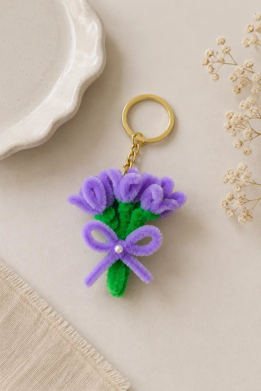 Purple Tulip Bouquet Keychain – Handmade Pipe Cleaner Flower Charm