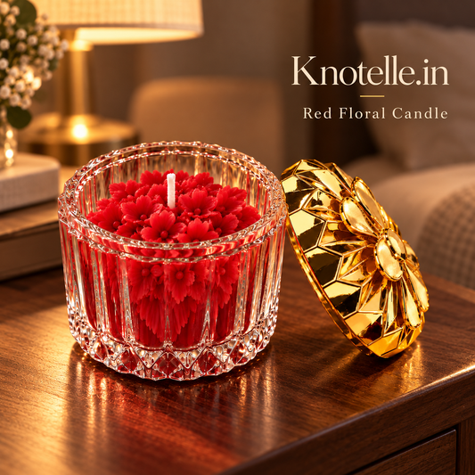 Red Floral Candle with Reusable Decorative Golden Lid