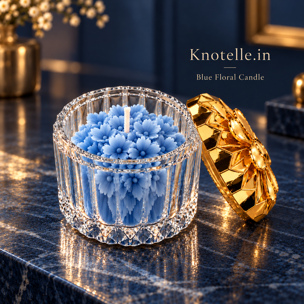 Blue Floral Candle with Golden Reusable Decorative Lid