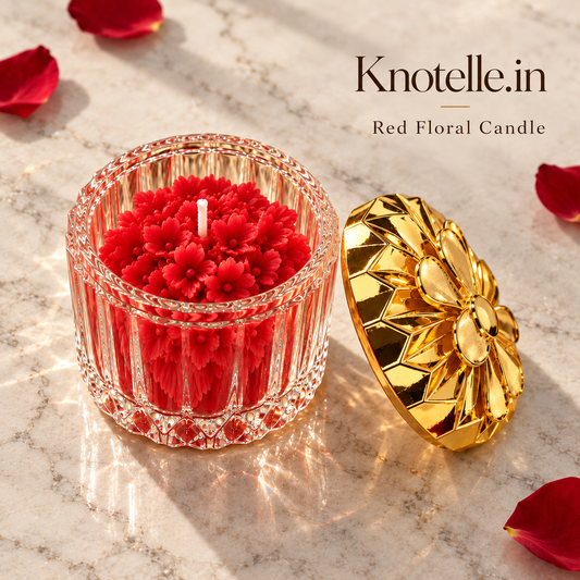 Red Floral Candle with Reusable Decorative Golden Lid