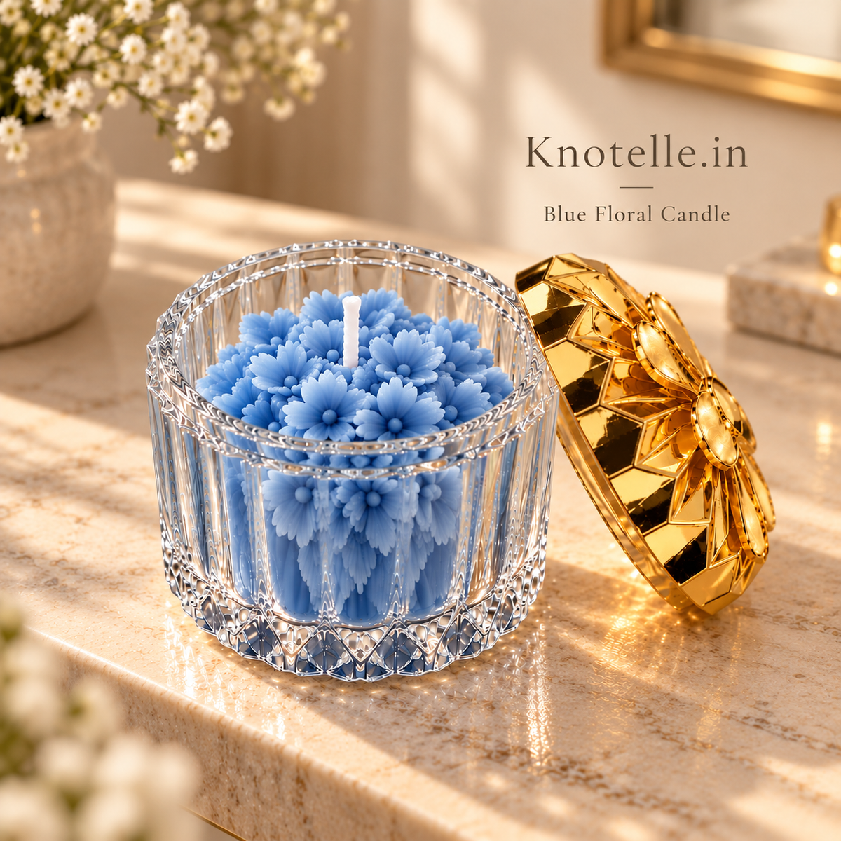Blue Floral Candle with Golden Reusable Decorative Lid
