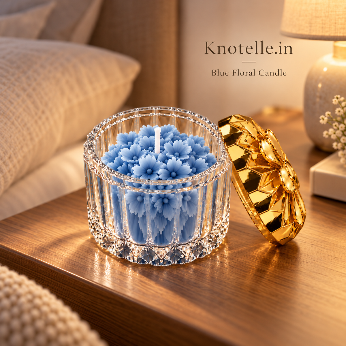 Blue Floral Candle with Golden Reusable Decorative Lid