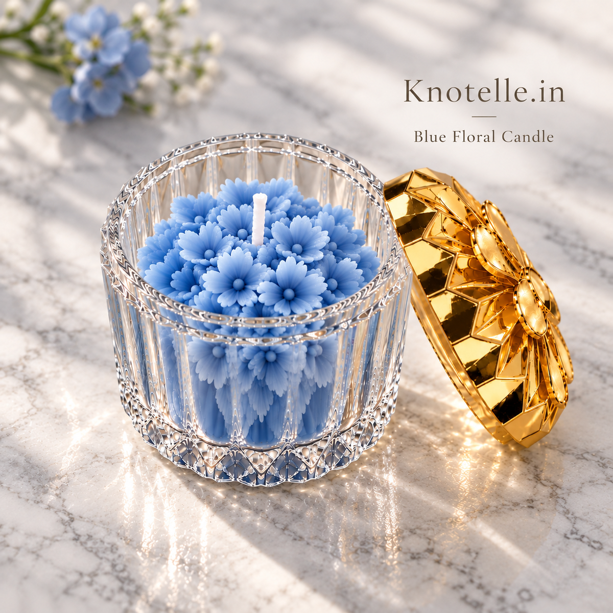 Blue Floral Candle with Golden Reusable Decorative Lid