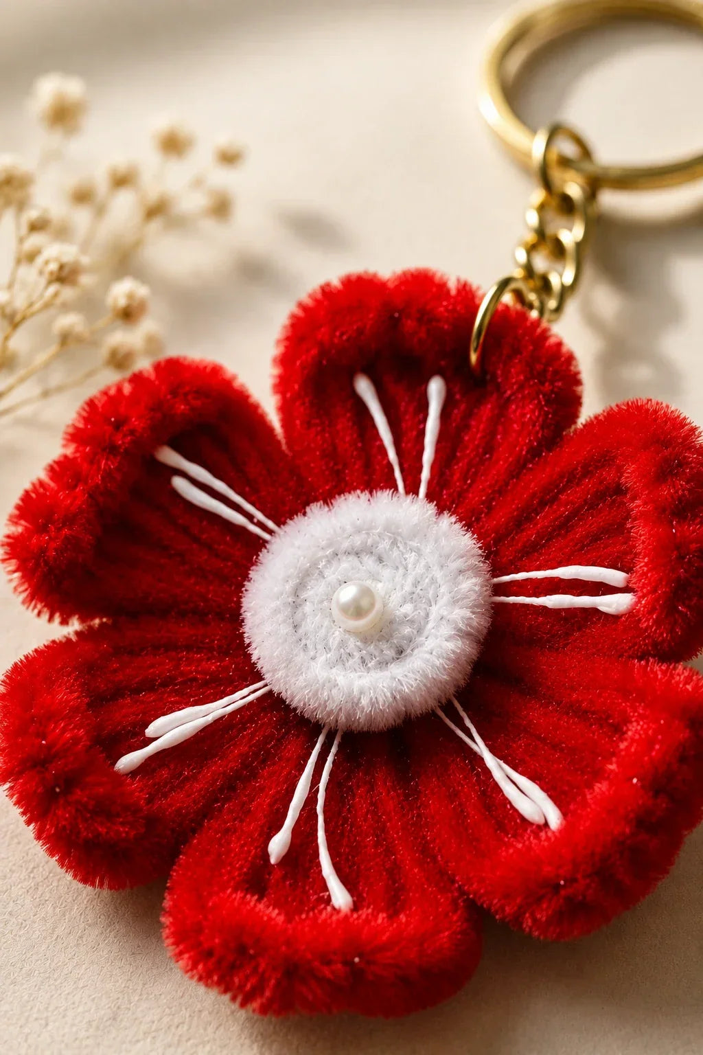 Red Poppy Pearl Keychain – Handmade Floral Bag Charm