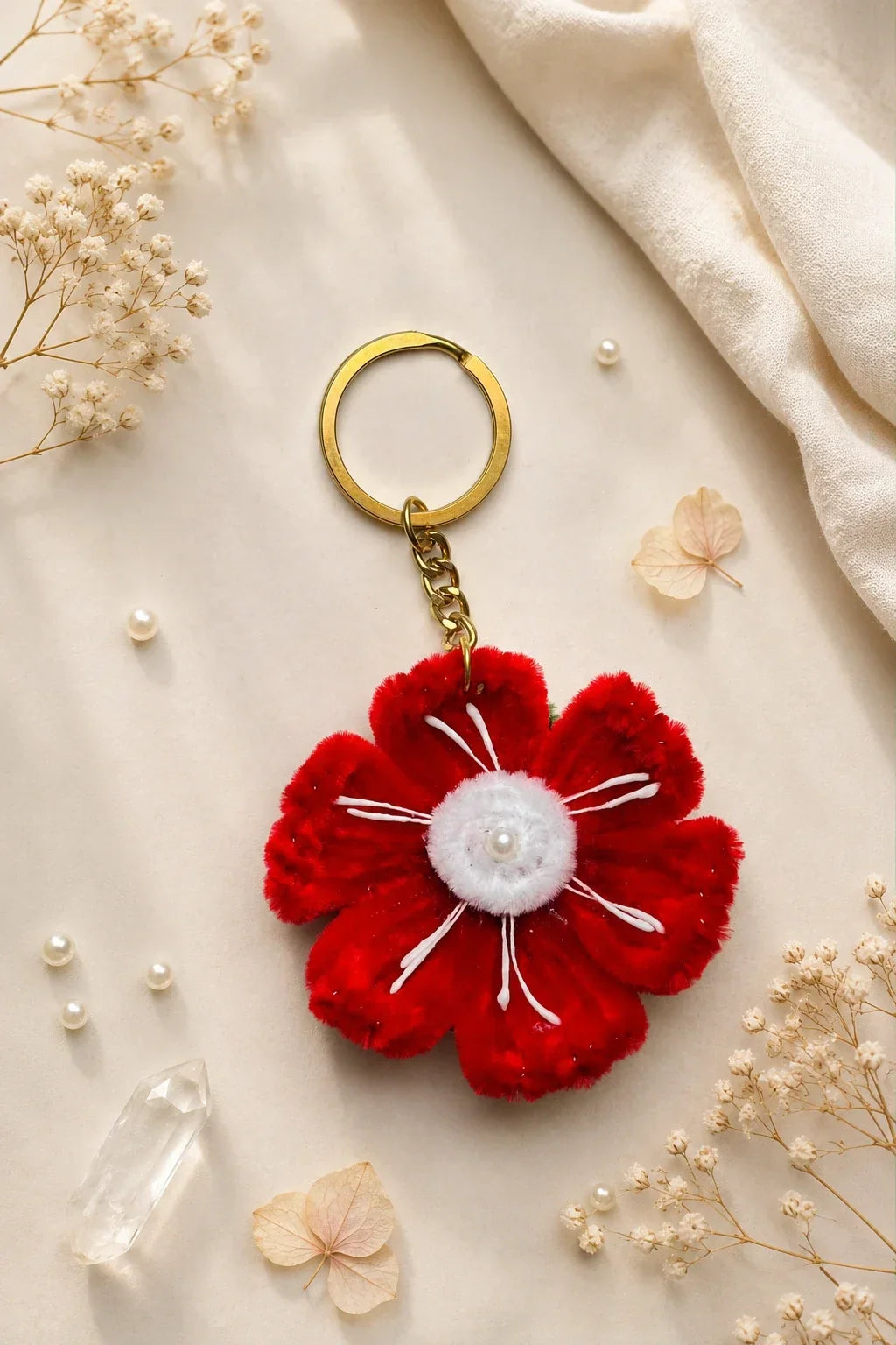 Red Poppy Pearl Keychain – Handmade Floral Bag Charm
