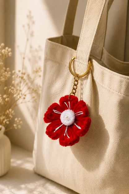 Red Poppy Pearl Keychain – Handmade Floral Bag Charm