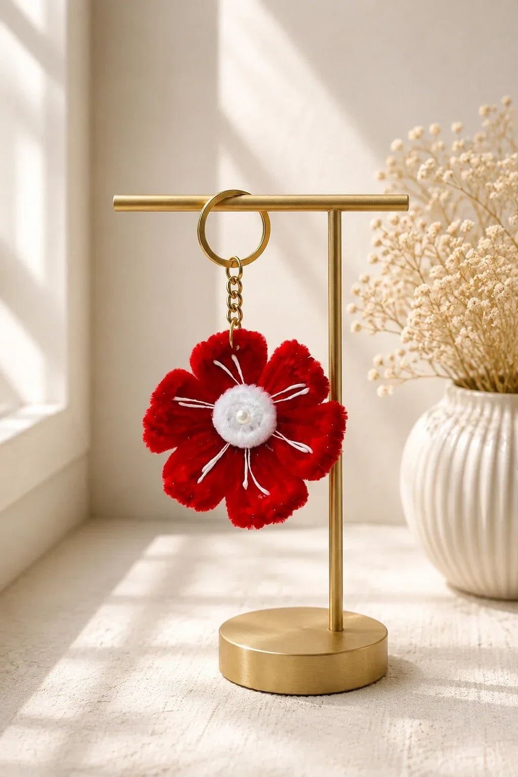 Red Poppy Pearl Keychain – Handmade Floral Bag Charm